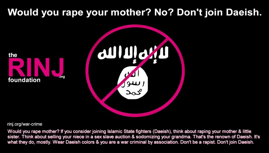 Thousands of Yazidi women from Northern Iraq have suffered torture, rape and other sexual abuse from Daeish rapists Terrified women captured by these Islamic State rapists are strangling each other and killing themselves to escape rape and torture as sex slaves. Some survivors have told how women killed each other by strangulation in a bid to avoid being raped and mutilated. Some young girls in their teens are among the victims after being captured by Islamic State as the group went on an ethnic cleansing rampage. The RINJ Foundation https://rinj.org/war-crime #islamicstate #rapeisnojoke