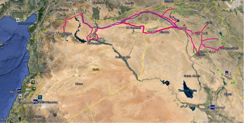 Pink indicates the areas and routes used by The RINJ Foundation volunteers and the green symbols are refugee camps.